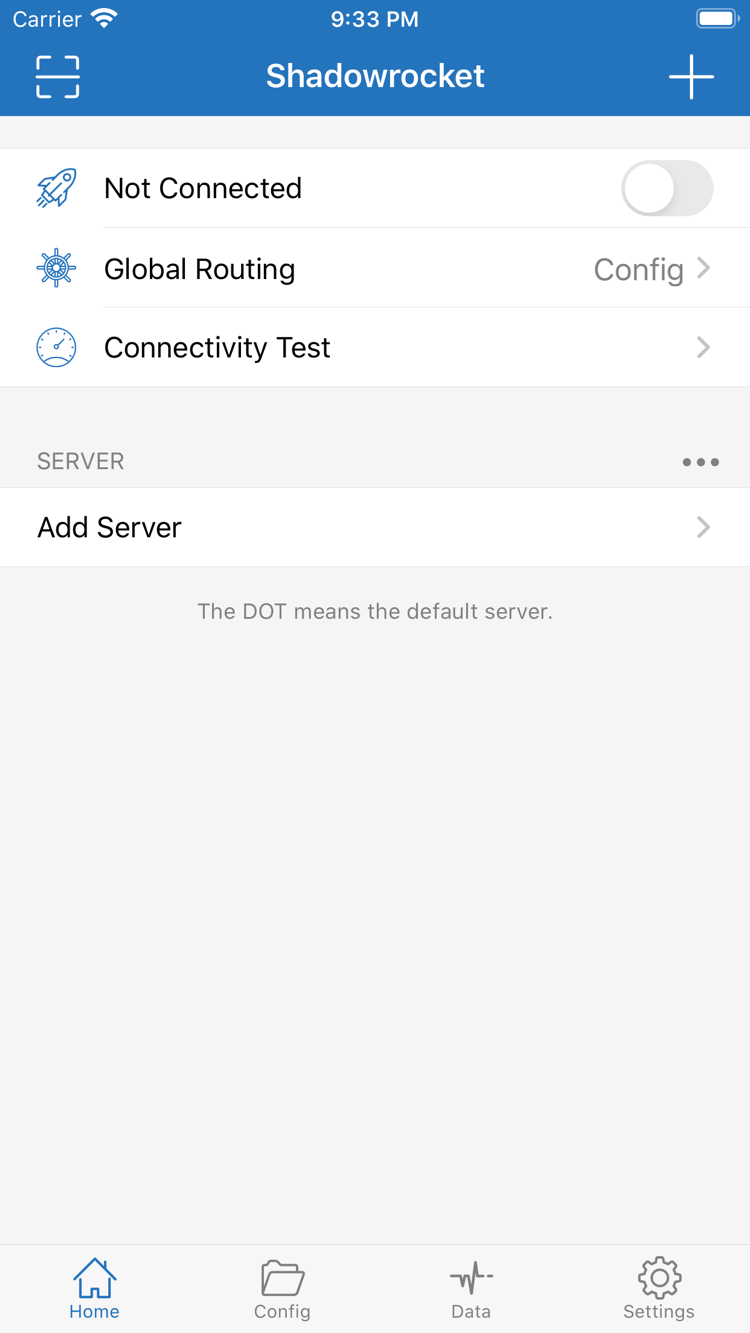 Shadowrocket's Home screen, showing Not Connected, Global Routing, and Connectivity Test at the top, with SERVER and Add Server below