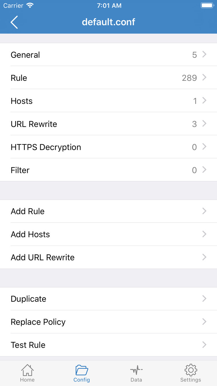 Shadowrocket's Config editor, showing General, Rule, Hosts, URL Rewrite, HTTPS Decryption, and Add Rule