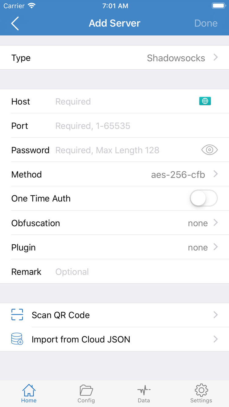 Shadowrocket's Add Server screen, showing Type, Host, Port, Password, Method, and import options at the bottom